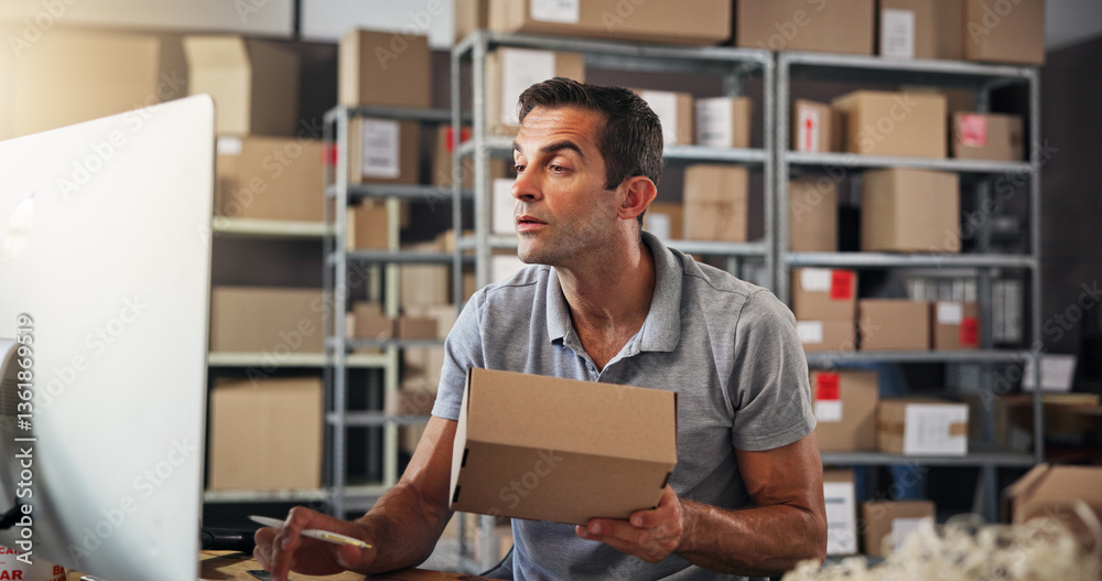 Poster box, computer and logistics with man in distribution center for checklist, schedule or update. infor