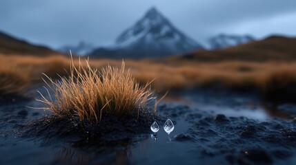 Dew-kissed grass in a mountain meadow.  Tranquil alpine landscape with a focus on delicate dew drops on the ground amidst golden grass