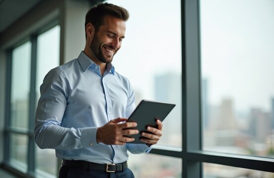 Caucasian man in modern office holds tablet. Smiling businessman in business casual attire, looks happy. Male employee with beard works with digital tablet. Successful pro with tech in corporate