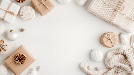 Winter Holiday Concept: Christmas Decoration Flat Lay on White Wood, Blank space for print, card, poster, or advertisement