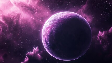 Fototapeta premium A vivid cosmic scene featuring a large purple planet surrounded by celestial clouds in a starry space backdrop.