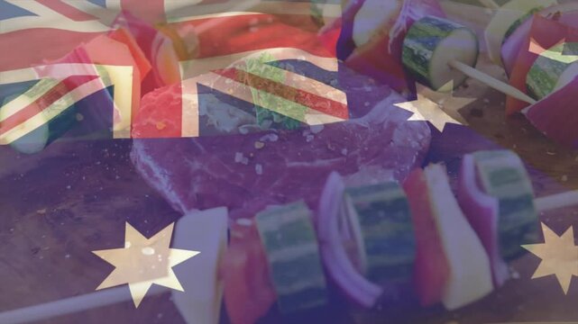 Grilling steak and skewers with Australian flag overlay in barbecue animation