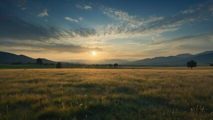 Obraz premium A serene landscape at sunset with rolling hills and a grassy field under a colorful sky.