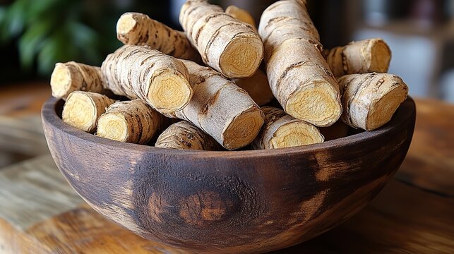 a wooden bowl filled with dried alpinia officinarum rests on a wooden surface the earthy brown roots are stacked on top of each other showcasing their rough texture,natural appearance - Powered by Adobe