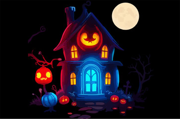 abstract illustration hallowen house ghost pumpkin colorful light