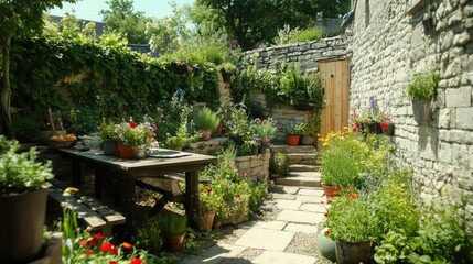 Fototapeta premium Picturesque Cottage Garden with Stone Walls and Wooden Table