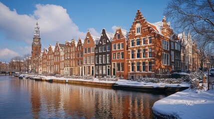 Fototapeta premium Beautiful scenic winter view of canal side buildings in sunlight