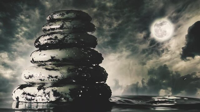 Water drops falling on the surface of the water next to a mountain of flat stones against the background of the night sky with clouds and a full moon. Composite 4k time lapse slow motion video 60 fps.