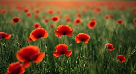 Fototapeta premium Vibrant red poppies bloom softly in warm sunset light. AI Generated