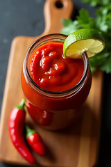 Overhead view of chili sauce in a transparent jar with a slice of lime and chili peppers beside it, placed on a wooden cutting board