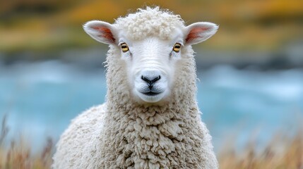 Fototapeta premium fluffy white sheep stands in a lush green meadow filled with rolling hills and a stunning coastal view, where deep blue ocean waves crash against rugged cliffs.