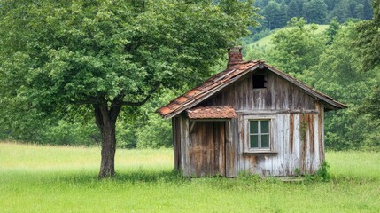 Fototapeta premium A rustic wooden cottage nestled in a lush green meadow, surrounded by trees under a clear blue sky