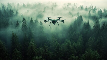 Fototapeta premium Drone flying over misty forest