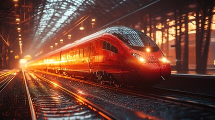 Fototapeta premium Red train speeds through station