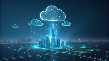 Obraz premium Futuristic Cloud Computing Concept – Holographic Smart City with AI-Powered Cloud Data Integration