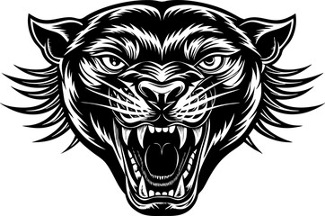 Fierce roar growling panther head. Tattoo design, evoking a wild and powerful presence sketch engraving  vector