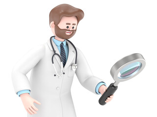 3D illustration of Male Doctor Iverson looking through a magnifying glass and searching for information.Supports PNG files with transparent backgrounds.
