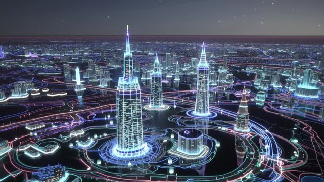 Cybernetic city, glowing neural circuits, towering skyscrapers, shifting code, data streams, digital pathways, AI metropolis, pulsing information, futuristic landscape, endless processing