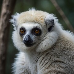 Fototapeta premium A white lemur with sapphire-colored markings, resembling a mythical guardian.
