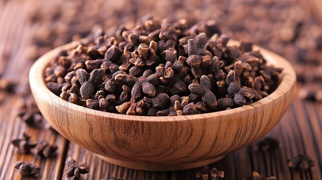 a wooden bowl filled with dried karanfil cloves sits on a wooden surface the small dark brown flower buds are heaped together showcasing their distinctive shape,aromatic spicy fragrance