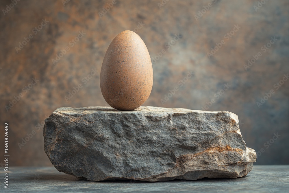 Poster unique brown egg resting on large gray stone against textured backdrop in soft lighting