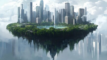 Obraz premium A futuristic floating city surrounded by lush greenery and a serene lake under a cloudy sky
