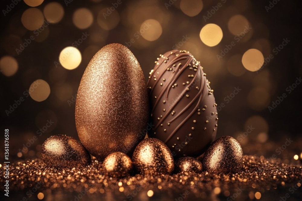 Aufkleber Golden Easter decorations with glittering eggs and soft bokeh background create a festive atmosphere for spring celebrations