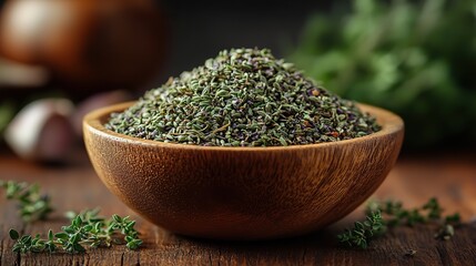 a wooden bowl filled with dried mountain thyme kekik da rests on a wooden surface the aromatic thyme with its greenish,purplish hues highlights its natural flavorful qualities