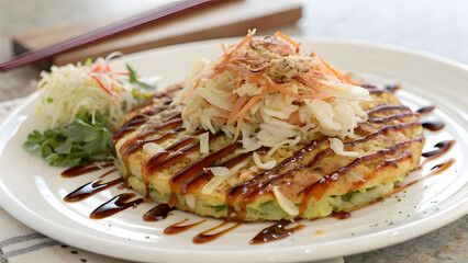 Japanese Okonomiyaki Pancake with Bonito Flakes. Perfect for: Japanese street food fans, Osaka travel promotions, Unique Asian cuisine