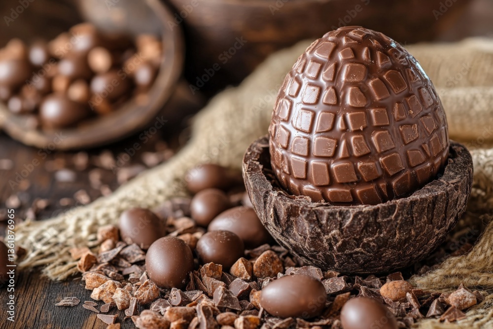 Aufkleber chocolate egg sits on a rustic wooden table surrounded by cocoa beans and chocolate candies
