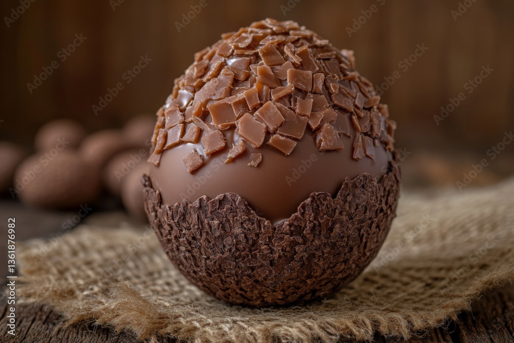 Poster chocolate egg dessert features textured topping and rich color on rustic wooden backdrop