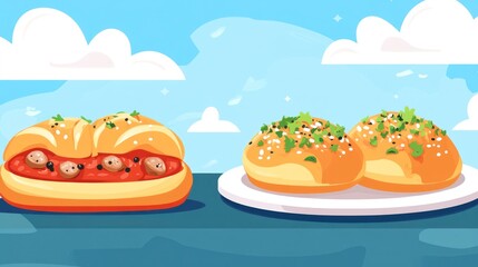 Cartoon pastries on a plate, sunny day background. Food illustration for recipe, article, or blog