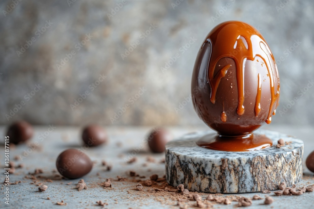 Poster chocolate egg melts with caramel sauce on a marble base surrounded by cocoa pieces and smaller choco