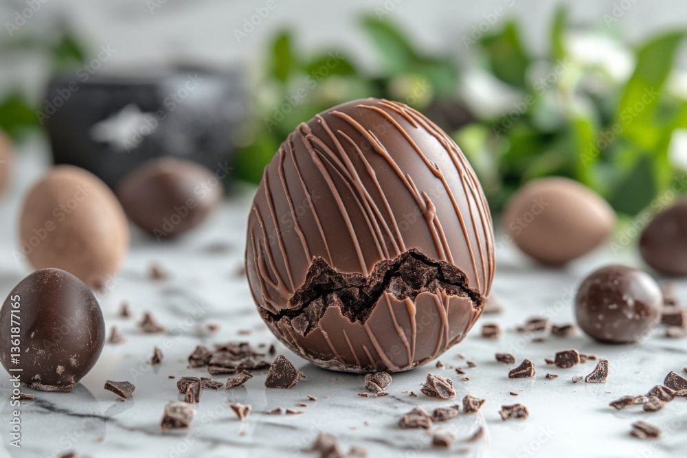 Aufkleber Chocolate egg with decorative drizzle displayed on a marble surface with smaller chocolates in a festive setting