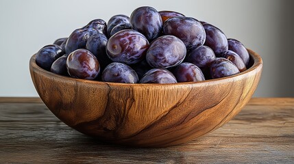 Obraz premium a wooden bowl filled with dried pitted prunes is placed on a wooden surface on a plain white background