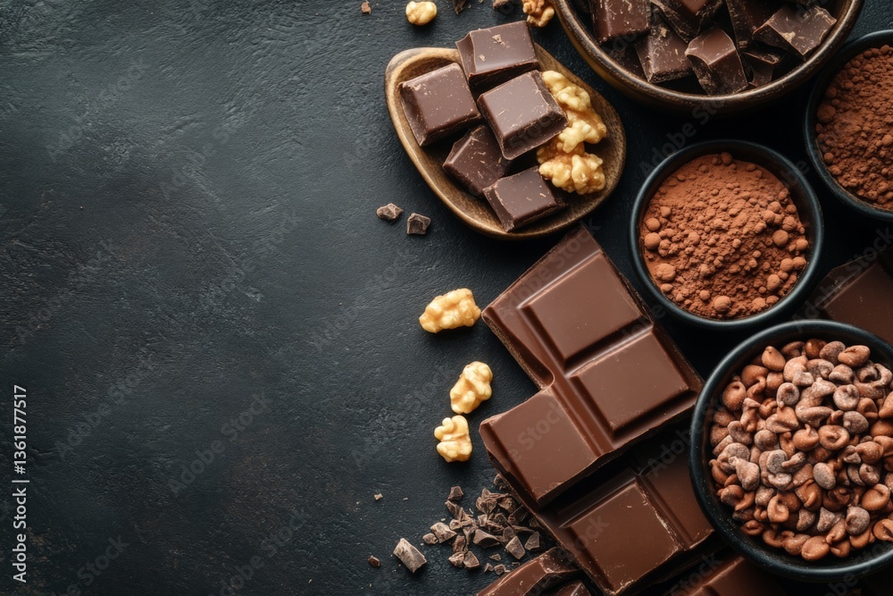 Poster chocolate varieties and ingredients displayed on a dark surface showcasing a selection of sweet trea