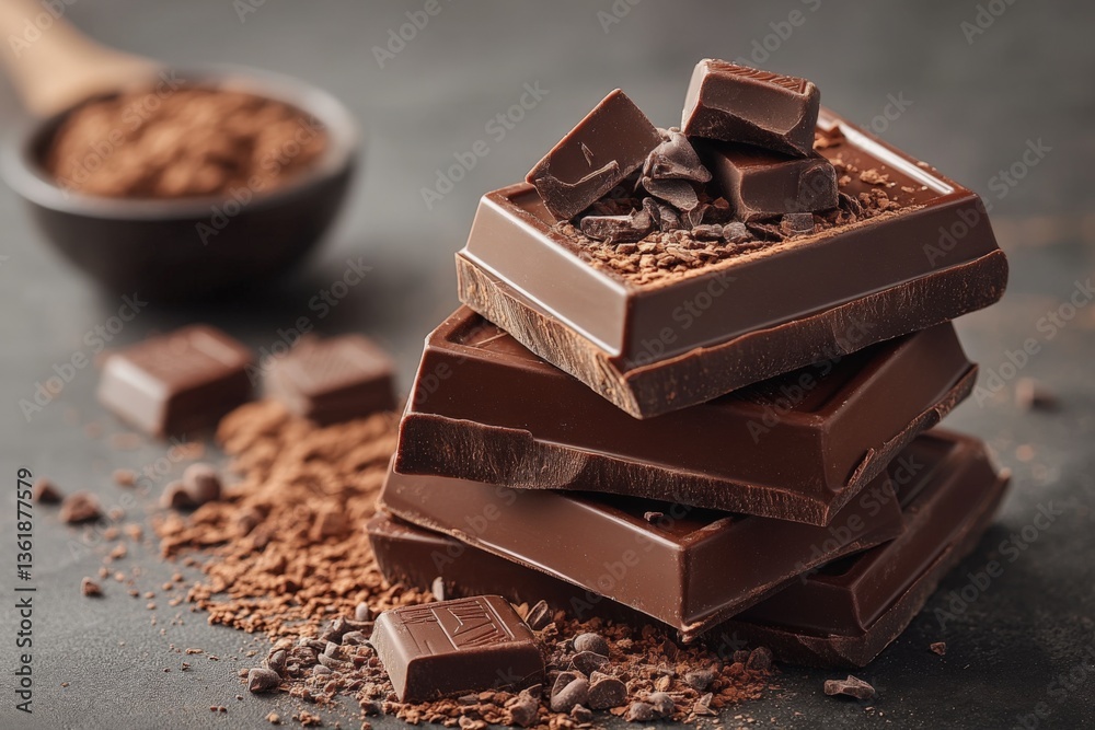 Poster Layers of rich chocolate bars with cocoa powder and chocolate chips on a dark background create an enticing dessert display