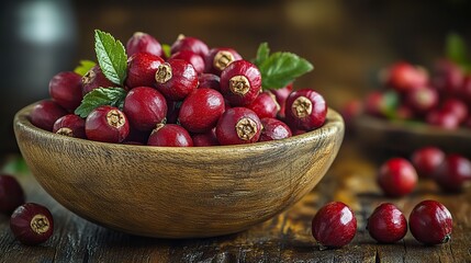 a wooden bowl filled with dried rose hips known as ku burnu in turkish these red fruits are commonly used to make herbal teas,syrups prized for their rich vitamin c content