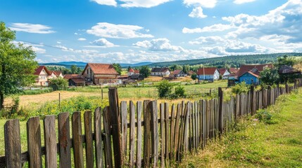 Fototapeta premium Scenic rural landscape featuring a wooden fence, vibrant fields, and charming houses under a bright blue sky