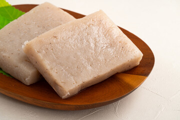 Raw konjac in square shape, also named konnyaku in Japan.