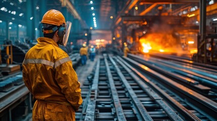 Obraz premium Worker in steel mill observing hot metal