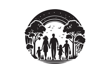 Set of SILHOUETTE ICON OF A family walking together, ISOLATED ON A WHITE BACKGROUND