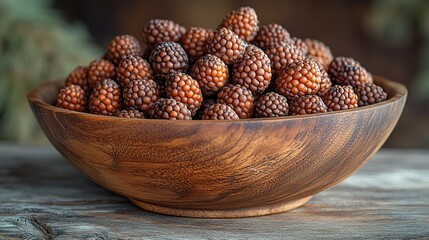 a wooden bowl filled with dried thuja sp rests on a wooden surface the light background emphasizes the rough texture,natural earthy color of the galls