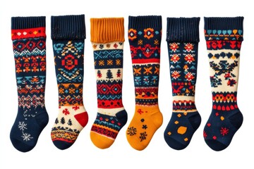 Festive winter socks displayed with colorful patterns and designs suitable for holiday celebrations and cozy wear