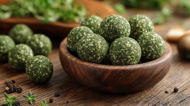 a wooden bowl filled with dried thyme balls kekik bilye sits on a wooden surface the small greenish round thyme balls showcase their unique shape,aromatic qualities