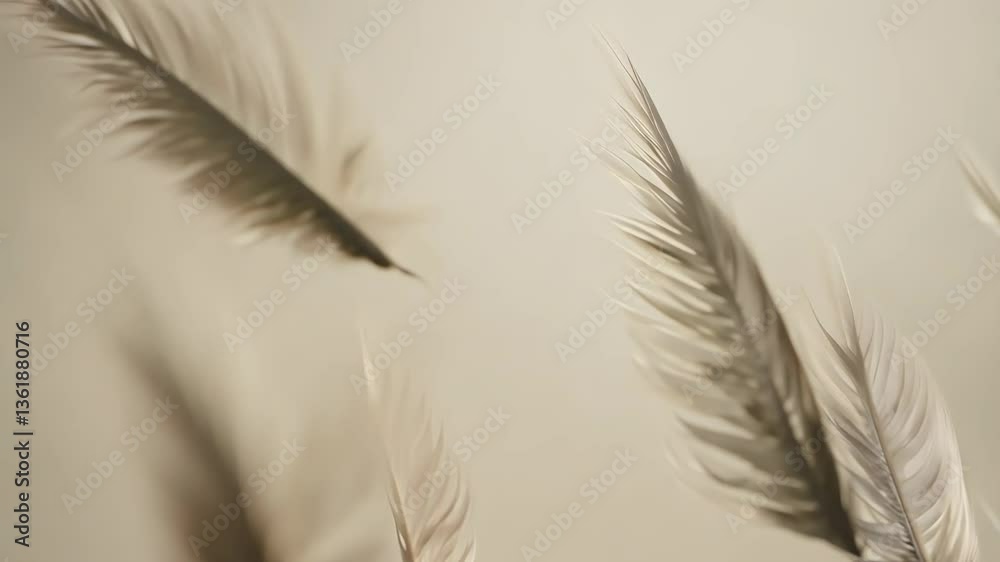 Poster two feathers are flying in the air. one feather is on the left side of the image and the other is on