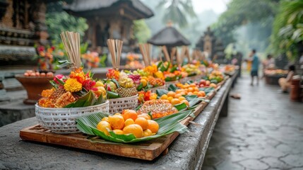 Offerings of fruits and flowers on a temple table