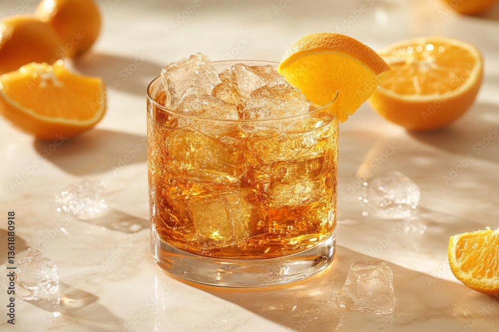 Poster refreshing beverage with ice and orange garnish on marble countertop in warm lighting