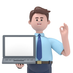 3D illustration of a smiling Asian man Felix  with ok gesture showing business charts at screen laptop computer.Supports PNG files with transparent backgrounds.