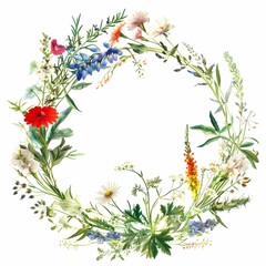 Naklejka premium Colorful wildflower wreath surrounding white negative space, featuring delicate blooms and lush greenery creating elegant circular botanical frame